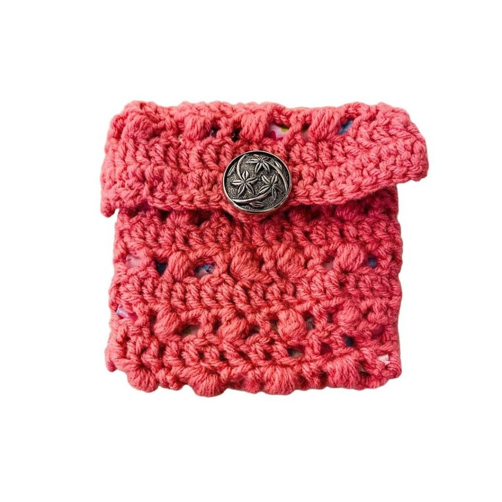 Handmade Crochet Pouch Pink Lined Floral Accessory Silvertone Button Closure 5.5